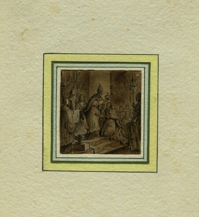 Le Couronnement de Charlemagne - Dessin original ancien à la plume, encre et lavis