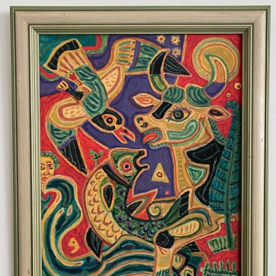 Gouache composition moderne par M. Debiève animaux XXe