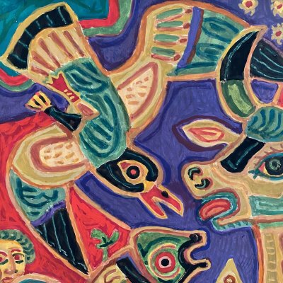 Gouache composition moderne par M. Debiève animaux XXe