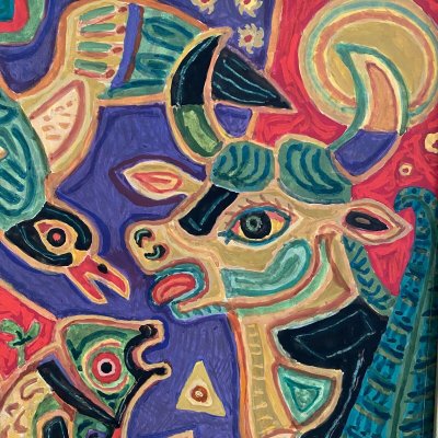 Gouache composition moderne par M. Debiève animaux XXe
