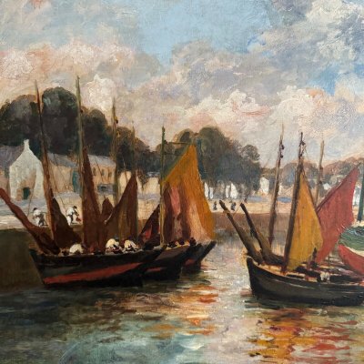 Öl auf Karton von Henri Malfroy Savigny Fischereihafen