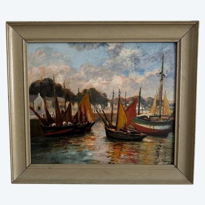 Öl auf Karton von Henri Malfroy Savigny Fischereihafen