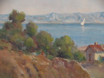 20th century French school. The count. Provencal landscape. Oil on panel signed.
