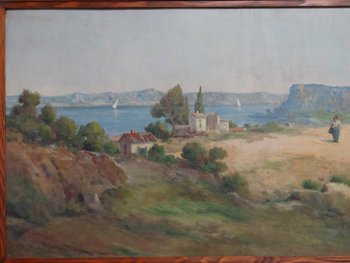 20th century French school. The count. Provencal landscape. Oil on panel signed.