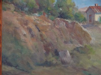 20th century French school. The count. Provencal landscape. Oil on panel signed.