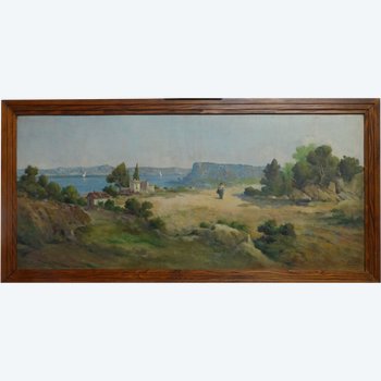 20th century French school. The count. Provencal landscape. Oil on panel signed.