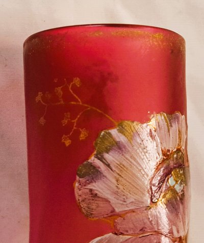 Paar Vasen François Théodore Legras aus emailliertem Twistglas auf rosafarbenem Grund Blumendekor Anfang XX