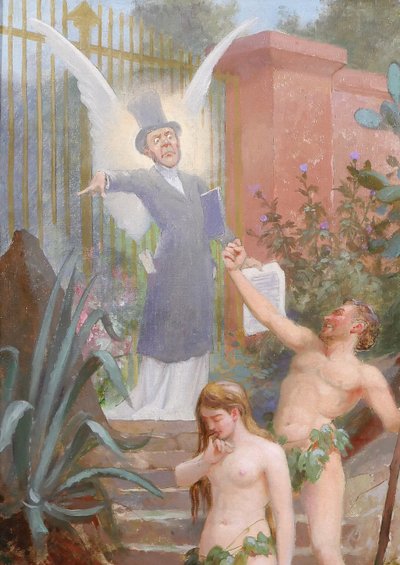 B. MOLOCH 1849-1909 Adamo ed Eva cacciati dal Paradiso, dipinto, 1892, cartone animato, Alphonse Colomb