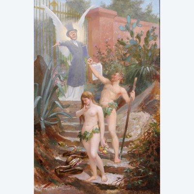 B. MOLOCH 1849-1909 Adamo ed Eva cacciati dal Paradiso, dipinto, 1892, cartone animato, Alphonse Colomb