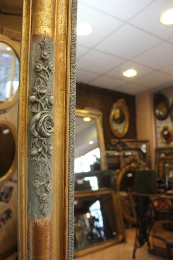 Miroir ancien de cheminée feuille d'or et patine 85 x 99 cm