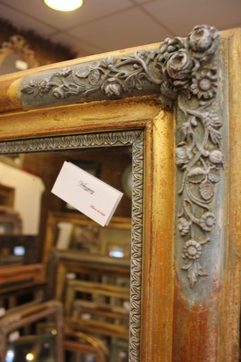 Miroir ancien de cheminée feuille d'or et patine 85 x 99 cm