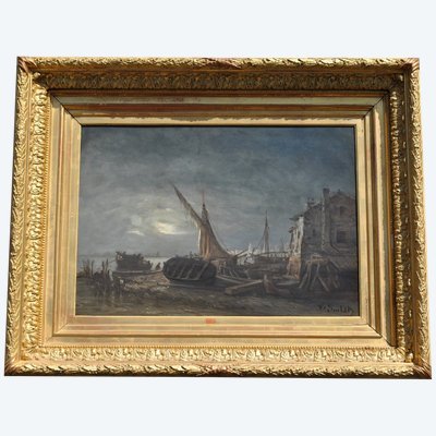 J Suchet, Paysage De Bord De Mer De Nuit, Marseille, Öl auf Leinwand XIX.