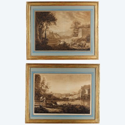 Coppia di disegni a lavatura dopo Claude Gelée dit le Lorrain Scuola del XVIII secolo