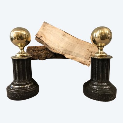 Pair of 19th century antique brass and cast iron andirons