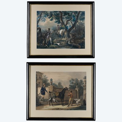 TWO COLOR ENGRAVINGS ENHANCED WITH GOUACHE SIGNED CARLE VERNET