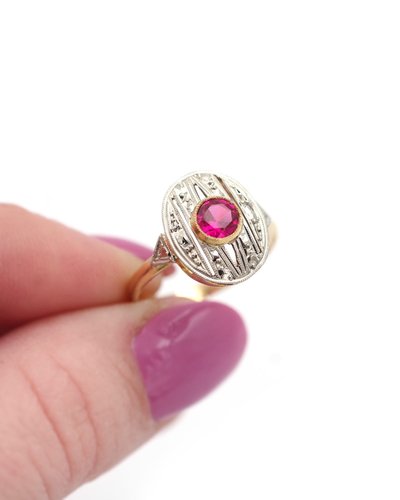 Anello ovale Art Déco in oro 18k e platino, rubino sintetico, gioielli Art Déco
