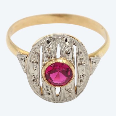Anello ovale Art Déco in oro 18k e platino, rubino sintetico, gioielli Art Déco