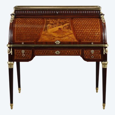 Bureau à cylindre de style Louis XVI en marqueterie et bronzes dorés, fin XIXe siècle