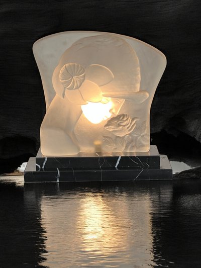 ART DECO PERIOD LAMP IN GLASS PASTE ON MARBLE BASE "WOMAN'S FACE"