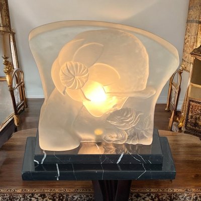 ART DECO PERIOD LAMP IN GLASS PASTE ON MARBLE BASE "WOMAN'S FACE"