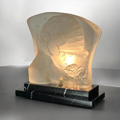 ART DECO PERIOD LAMP IN GLASS PASTE ON MARBLE BASE "WOMAN'S FACE"