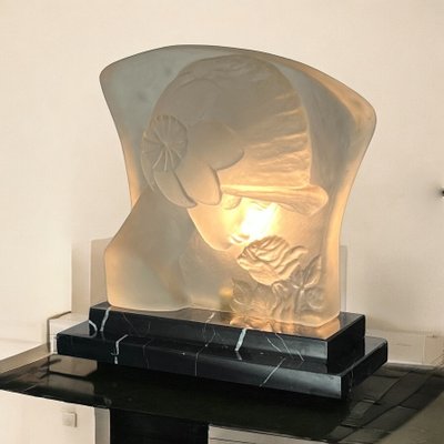 ART DECO PERIOD LAMP IN GLASS PASTE ON MARBLE BASE "WOMAN'S FACE"
