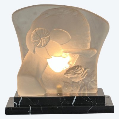ART DECO PERIOD LAMP IN GLASS PASTE ON MARBLE BASE "WOMAN'S FACE"