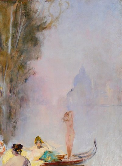 Raymond Allègre 1857-1933 Venezia, donne davanti a un palazzo, dipinto, circa 1900, Italia