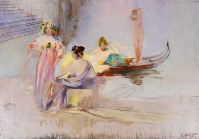 Raymond Allègre 1857-1933 Venezia, donne davanti a un palazzo, dipinto, circa 1900, Italia