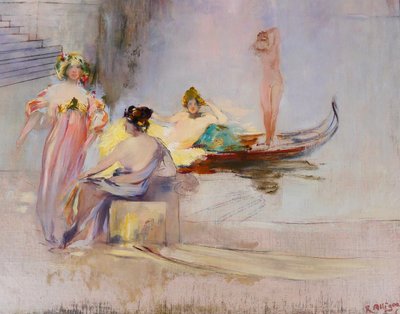 Raymond Allègre 1857-1933 Venezia, donne davanti a un palazzo, dipinto, circa 1900, Italia