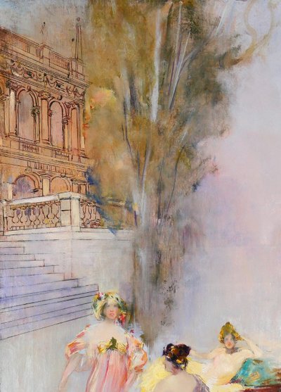 Raymond Allègre 1857-1933 Venezia, donne davanti a un palazzo, dipinto, circa 1900, Italia
