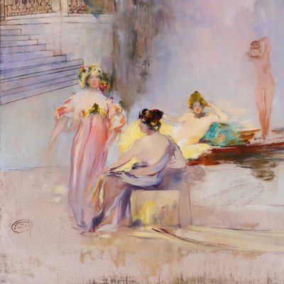 Raymond Allègre 1857-1933 Venezia, donne davanti a un palazzo, dipinto, circa 1900, Italia