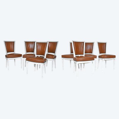 Set di 8 sedie in stile Luigi XVI in legno laccato bianco e rivestimento in pelle marrone