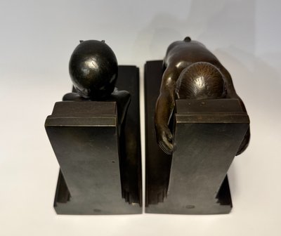 Coppia di fermalibri ArtDeco - Piccoli fauni in bronzo - Paul Silvestre - Susse frères