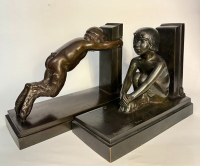 Coppia di fermalibri ArtDeco - Piccoli fauni in bronzo - Paul Silvestre - Susse frères