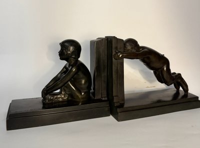 Coppia di fermalibri ArtDeco - Piccoli fauni in bronzo - Paul Silvestre - Susse frères