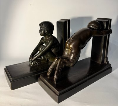 Coppia di fermalibri ArtDeco - Piccoli fauni in bronzo - Paul Silvestre - Susse frères