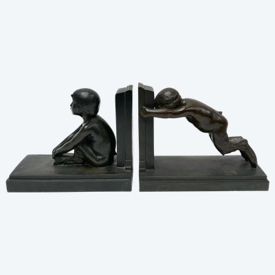 Coppia di fermalibri ArtDeco - Piccoli fauni in bronzo - Paul Silvestre - Susse frères