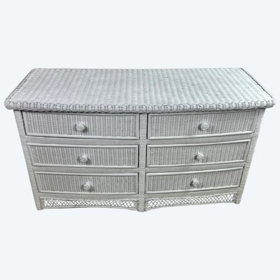 Commode galbée en rotin tressé blanc 1980'S