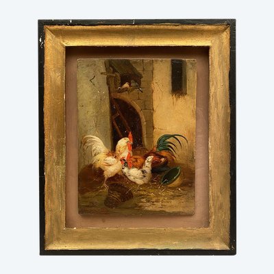 Claude Guilleminet (1821-1885). Scena di fattoria, olio su tavola