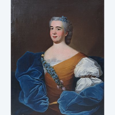 Ecole Du XVIIIème Siècle, Portrait De Dame à la robe bleue Signé Au Dos Hubart 1741