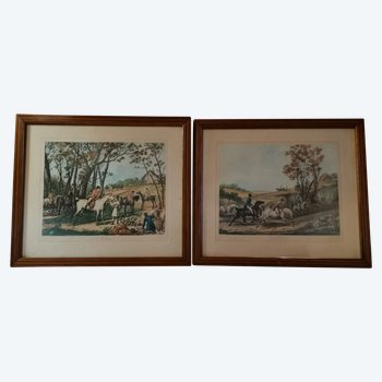 Belle paire de gravures de chasse d'époque Restauration 