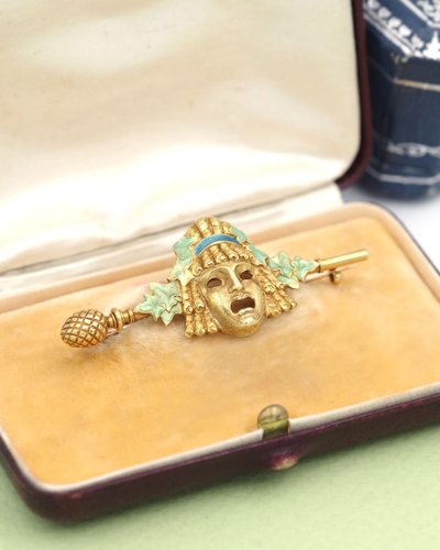 Louis Zorra Theatermaskenbrosche in 18 Karat Gold, Jugendstil, Antikschmuck, Emaille