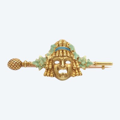 Louis Zorra Theatermaskenbrosche in 18 Karat Gold, Jugendstil, Antikschmuck, Emaille