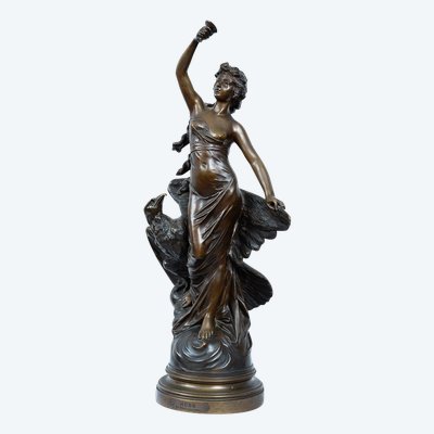 Antique Bronze Sculpture Representing Hebe With The Eagle Of Jupiter Signed "druot" 19th Century.