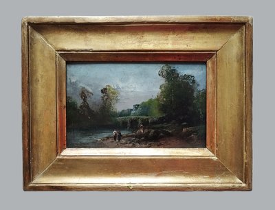 Paesaggio sul fiume, scuola inglese John Leech Olio su tavola XIX secolo