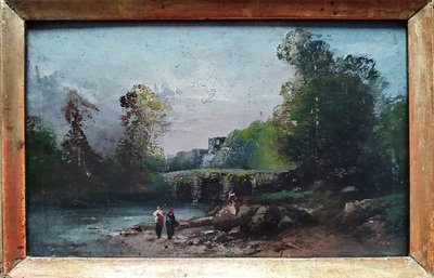 Paesaggio sul fiume, scuola inglese John Leech Olio su tavola XIX secolo