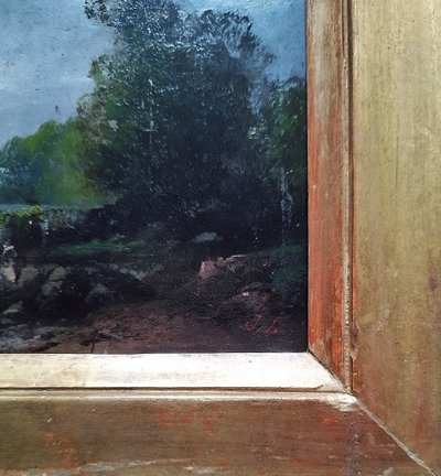 Paesaggio sul fiume, scuola inglese John Leech Olio su tavola XIX secolo