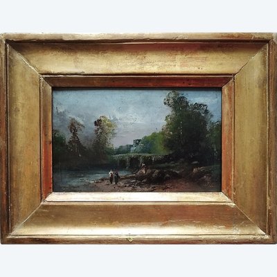 Paesaggio sul fiume, scuola inglese John Leech Olio su tavola XIX secolo