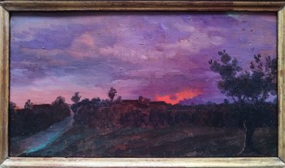 Tableau Paysage Au Soleil Couchant 19ème Huile Sur Toile
